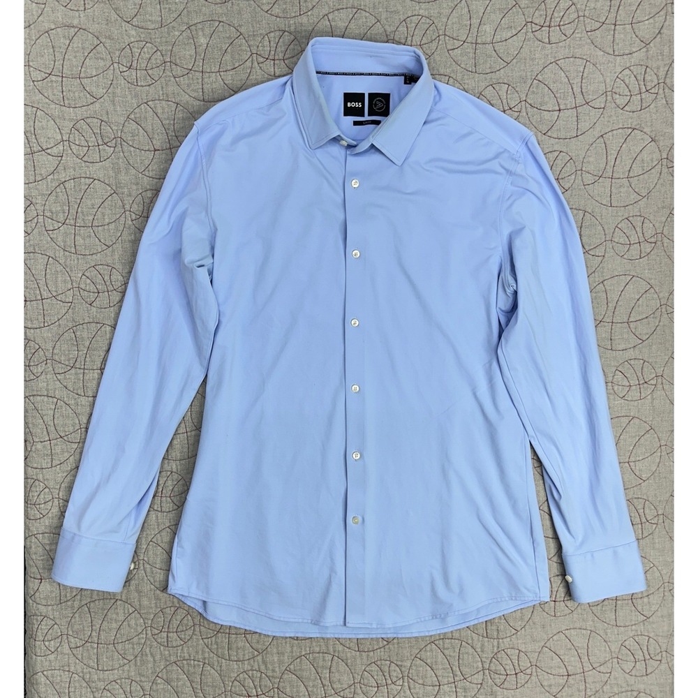 BOSS Hank Performance Dress Shirt Light Blue Slim Fit Stretch / Mens Large 16